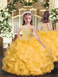 Floor Length Gold Pageant Dress Toddler Straps Sleeveless Lace Up