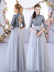 Ideal Grey Tulle Lace Up High-neck Half Sleeves Floor Length Bridesmaids Dress Appliques
