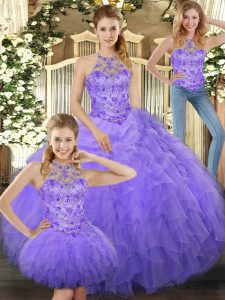 Classical Lavender Sleeveless Floor Length Beading and Ruffles Lace Up Ball Gown Prom Dress