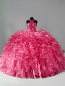 High Quality Hot Pink Sleeveless Beading and Ruffles Sweet 16 Quinceanera Dress