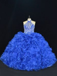 Popular Royal Blue Ball Gowns Halter Top Sleeveless Organza Floor Length Lace Up Beading and Ruffles Quinceanera Dress