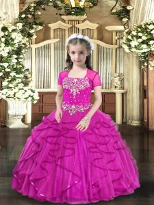 Fuchsia Lace Up Straps Beading Little Girl Pageant Gowns Tulle Sleeveless