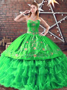 Dazzling Green Organza Lace Up Sweetheart Sleeveless Floor Length Ball Gown Prom Dress Embroidery