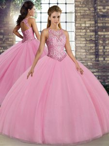 Pink Lace Up Scoop Embroidery 15 Quinceanera Dress Tulle Sleeveless