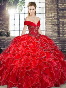 Fine Organza Off The Shoulder Sleeveless Lace Up Beading and Ruffles Ball Gown Prom Dress in Red