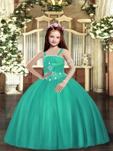 Turquoise Tulle Lace Up Pageant Dress for Womens Sleeveless Floor Length Beading
