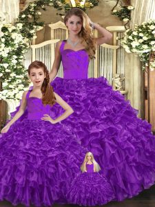 Extravagant Purple Ball Gowns Organza Halter Top Sleeveless Ruffles Floor Length Lace Up Sweet 16 Dress