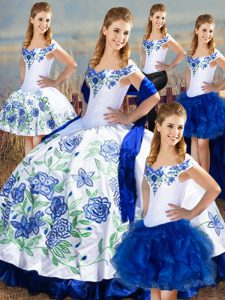 Ball Gowns Quinceanera Gowns Blue And White Off The Shoulder Satin and Organza Sleeveless Floor Length Lace Up