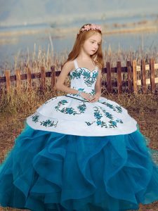 Customized Blue Little Girls Pageant Dress Party and Wedding Party with Embroidery and Ruffles Straps Sleeveless Lace Up