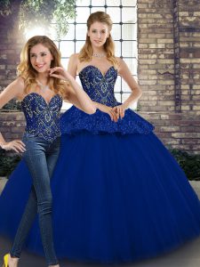 On Sale Floor Length Royal Blue Quinceanera Dresses Tulle Sleeveless Beading and Appliques