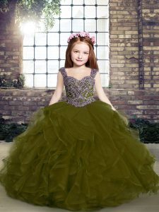 Low Price Beading and Ruffles Custom Made Pageant Dress Olive Green Lace Up Sleeveless Floor Length