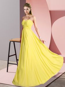 Excellent Floor Length Yellow Prom Evening Gown Chiffon Sleeveless Ruching