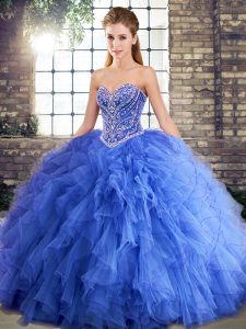 Edgy Blue Ball Gowns Tulle Sweetheart Sleeveless Beading and Ruffles Floor Length Lace Up Quince Ball Gowns