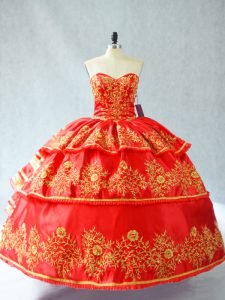 Fantastic Satin and Organza Sweetheart Sleeveless Lace Up Embroidery and Ruffled Layers Sweet 16 Dresses in Red