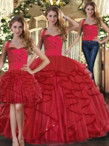Sweet Sleeveless Tulle Floor Length Lace Up Sweet 16 Dress in Red with Ruffles