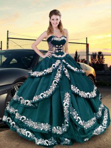 Hot Selling Teal Lace Up Quinceanera Gowns Embroidery and Ruffled Layers Sleeveless Floor Length
