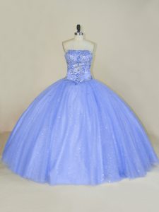 Lavender Tulle Lace Up Ball Gown Prom Dress Sleeveless Floor Length Beading and Sequins