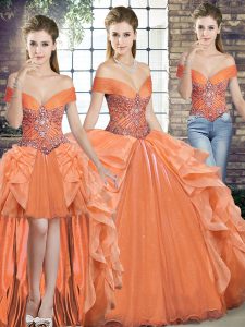 Orange Off The Shoulder Neckline Beading and Ruffles Vestidos de Quinceanera Sleeveless Lace Up