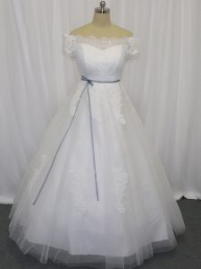 Floor Length White Wedding Gowns Off The Shoulder Short Sleeves Lace Up