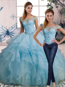 Edgy Sleeveless Floor Length Beading and Ruffles Lace Up Quince Ball Gowns with Light Blue