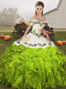 Smart Olive Green Lace Up Off The Shoulder Embroidery and Ruffles Sweet 16 Dresses Organza Sleeveless