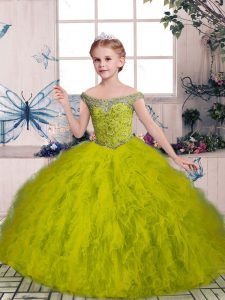 Olive Green Lace Up Beading and Ruffles Little Girl Pageant Dress Tulle Sleeveless