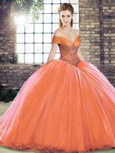 Flirting Brush Train Ball Gowns Quinceanera Dresses Orange Red Off The Shoulder Organza Sleeveless Lace Up