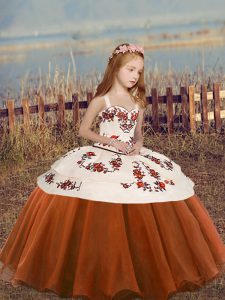 Rust Red Sleeveless Floor Length Embroidery and Ruffled Layers Lace Up Little Girls Pageant Dress
