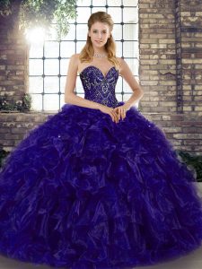 Purple Ball Gowns Organza Sweetheart Sleeveless Beading and Ruffles Floor Length Lace Up Sweet 16 Quinceanera Dress