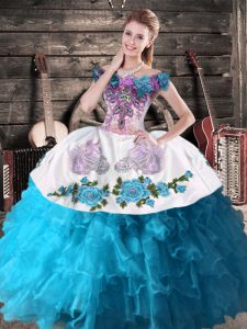 Deluxe Floor Length Teal Quinceanera Dresses Off The Shoulder Sleeveless Lace Up