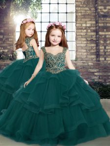 Floor Length Peacock Green Pageant Gowns For Girls Tulle Sleeveless Beading and Ruffles