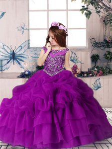 Purple Organza Zipper Scoop Sleeveless Floor Length Little Girls Pageant Gowns Beading and Pick Ups