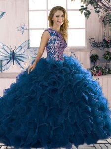 Popular Scoop Sleeveless Lace Up 15th Birthday Dress Royal Blue Organza