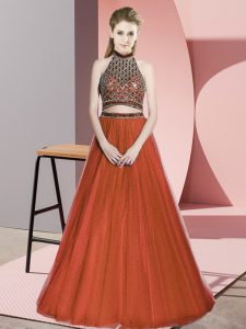 Fashion Sleeveless Tulle Floor Length Lace Up in Rust Red with Beading