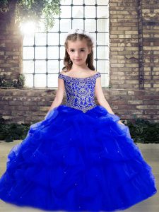 Royal Blue Sleeveless Beading and Pick Ups Floor Length Little Girl Pageant Gowns