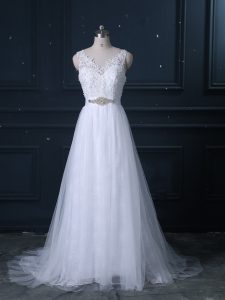 Sleeveless Brush Train Backless Beading and Lace Wedding Dress