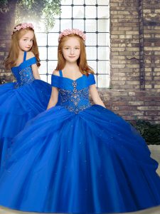 Adorable Straps Sleeveless Lace Up Girls Pageant Dresses Royal Blue Chiffon