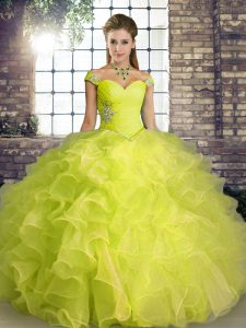 Modest Organza Sleeveless Floor Length Quince Ball Gowns and Beading and Ruffles