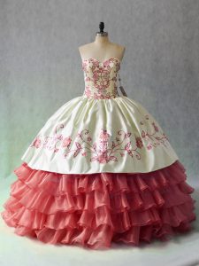 Satin and Organza Sleeveless Floor Length Quince Ball Gowns and Embroidery and Ruffled Layers