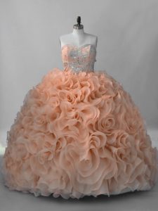 Peach Sleeveless Beading Lace Up Quinceanera Gowns