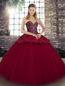 Beading and Appliques Sweet 16 Quinceanera Dress Burgundy Lace Up Sleeveless Floor Length