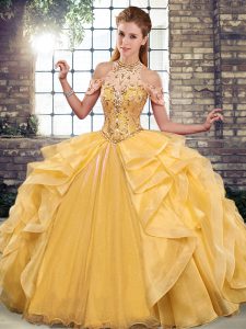 Designer Gold 15th Birthday Dress Military Ball and Sweet 16 and Quinceanera with Beading and Ruffles Halter Top Sleeveless Lace Up