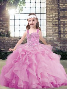 Customized Lilac Straps Lace Up Beading and Ruffles Kids Formal Wear Sleeveless