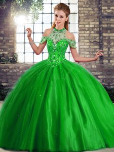Green Halter Top Lace Up Beading Quinceanera Dresses Brush Train Sleeveless