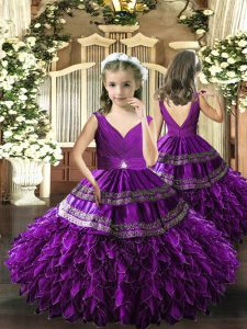 Hot Selling Eggplant Purple Organza Backless V-neck Sleeveless Floor Length Pageant Gowns For Girls Beading and Appliques and Ruffles and Ruching