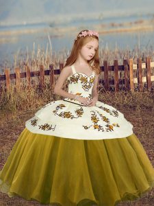 Olive Green Lace Up Little Girls Pageant Gowns Beading Sleeveless Floor Length