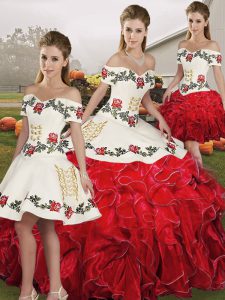 Discount White And Red Sleeveless Floor Length Embroidery and Ruffles Lace Up Quince Ball Gowns