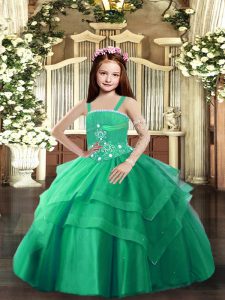 Floor Length Turquoise Little Girls Pageant Gowns Straps Sleeveless Lace Up