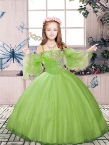 Affordable Champagne Tulle Lace Up Spaghetti Straps Long Sleeves Floor Length Little Girl Pageant Gowns Beading