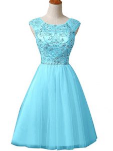 Mini Length Baby Blue Prom Party Dress Tulle Sleeveless Beading